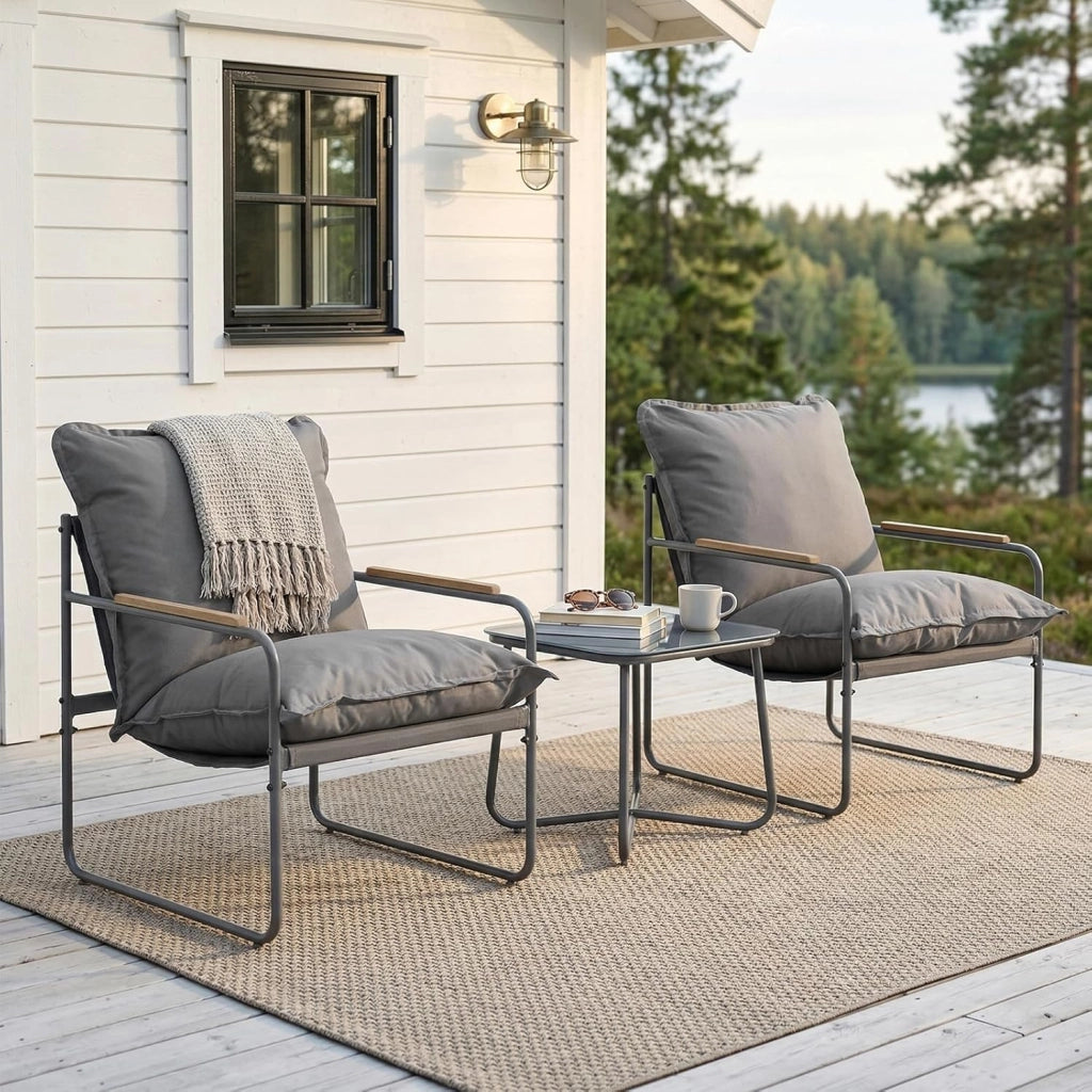 Set 3 Pezzi Salotto da Giardino per 2 Persone, Mobili da Esterno con 1 Tavolino e 2 Sedie con Cuscini Rimovibili, per Giardino, Terrazza e Balcone, in Metallo, Grigio