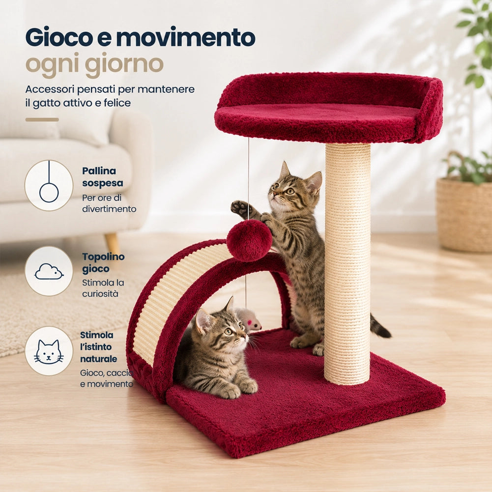 Tiragraffi Per Gatti Rosso Con Gioco Pallina Palo 50cm Topolino Tunnel Soffice
