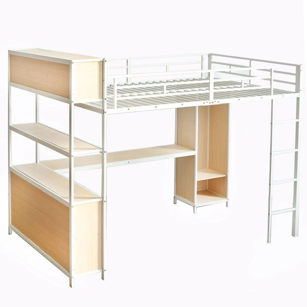 OKWISH Letto a soppalco 140×200 cm, Letto Matrimoniale con Scrivania, Contenitori, Armadio e Mensole, senza Materasso, Bianco