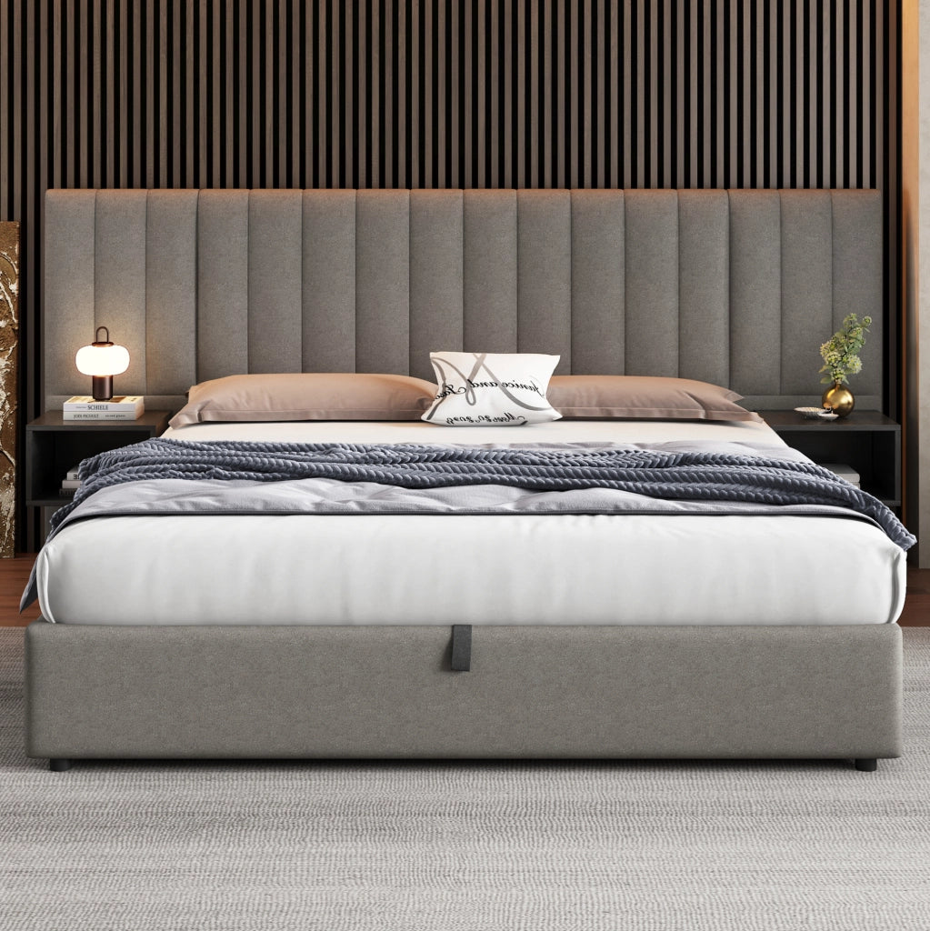 Letto contenitore 180 x 200 cm in lino grigio e nero con 2 comodini