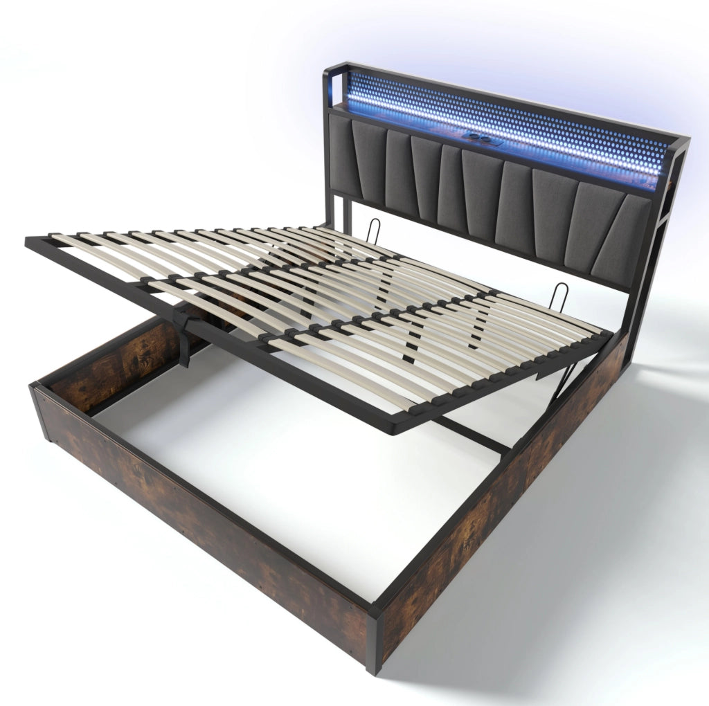 Letto matrimoniale in metallo con LED RGBW, USB e contenitore
