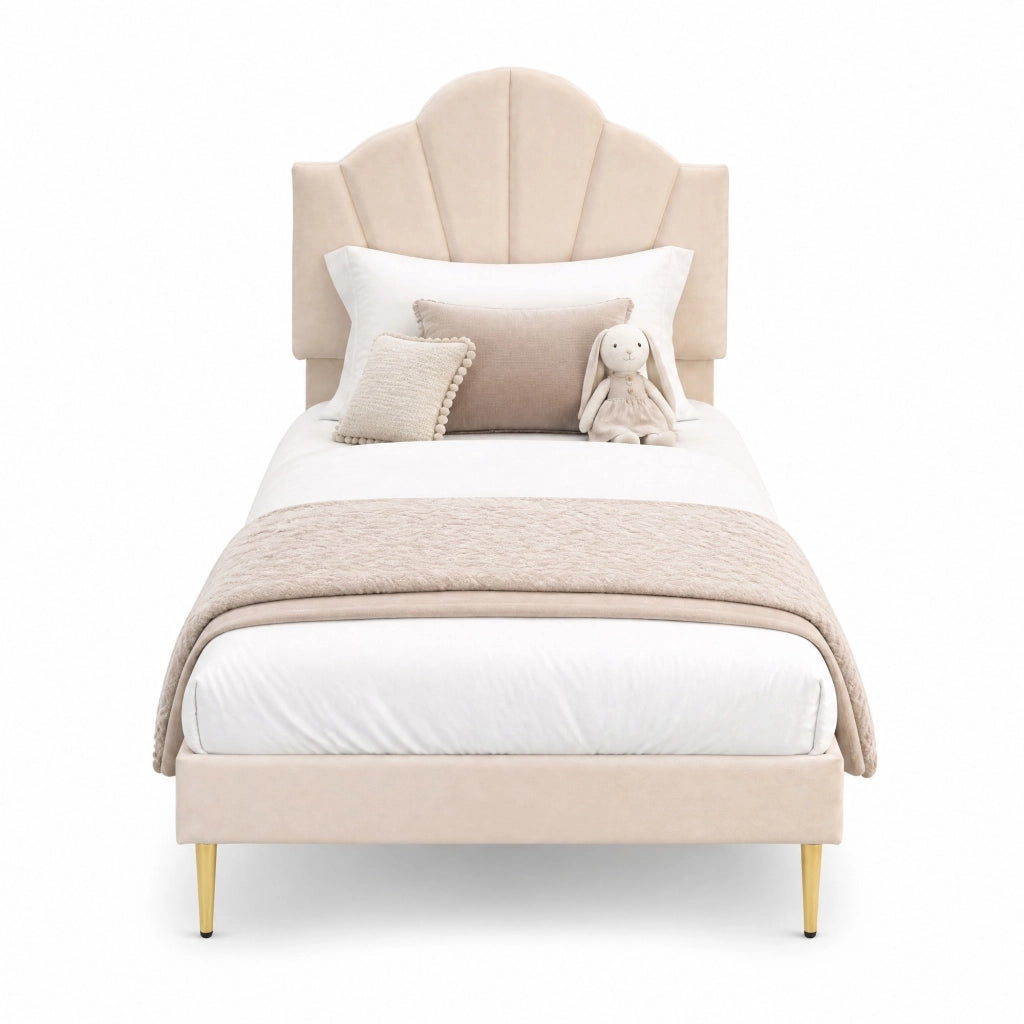 Letto imbottito matrimoniale 90x200 cm in velluto beige con testiera regolabile e rete a doghe