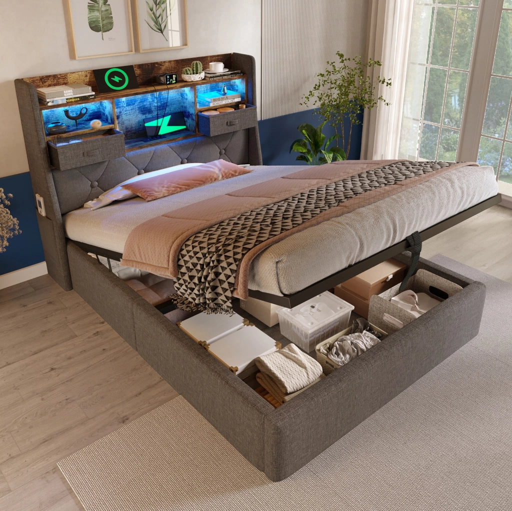 Letto imbottito 90x200 cm in lino grigio con contenitore idraulico; testiera LED e porte USB