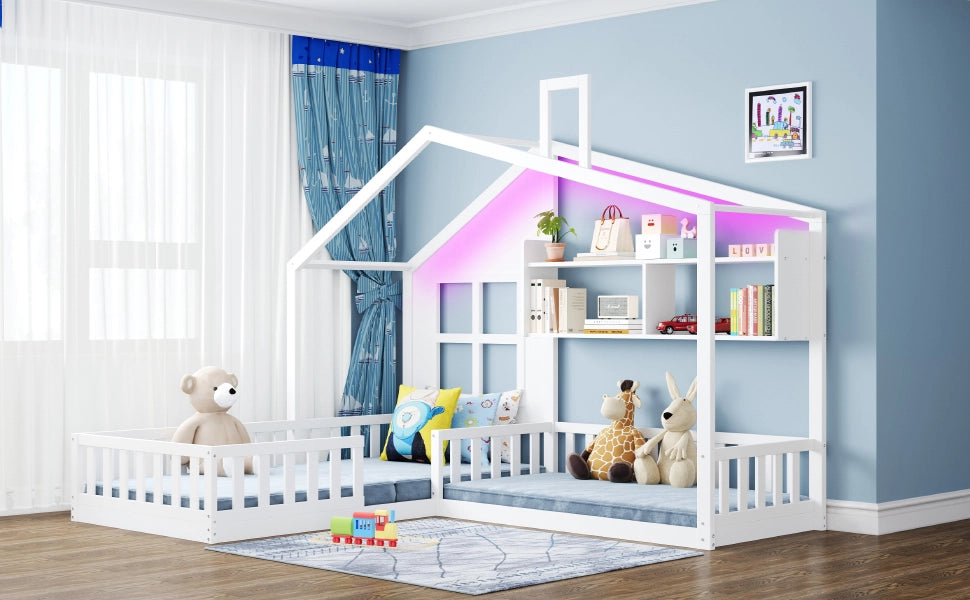Letto per bambini a forma di casetta 90x200 cm con LED, scaffali e spondine di sicurezza, bianco