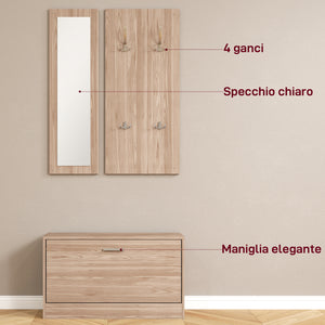 Set Mobili da Ingresso con Panca Scarpiera Appendiabiti a Muro e Specchio in Legno Truciolare Marrone Scuro
