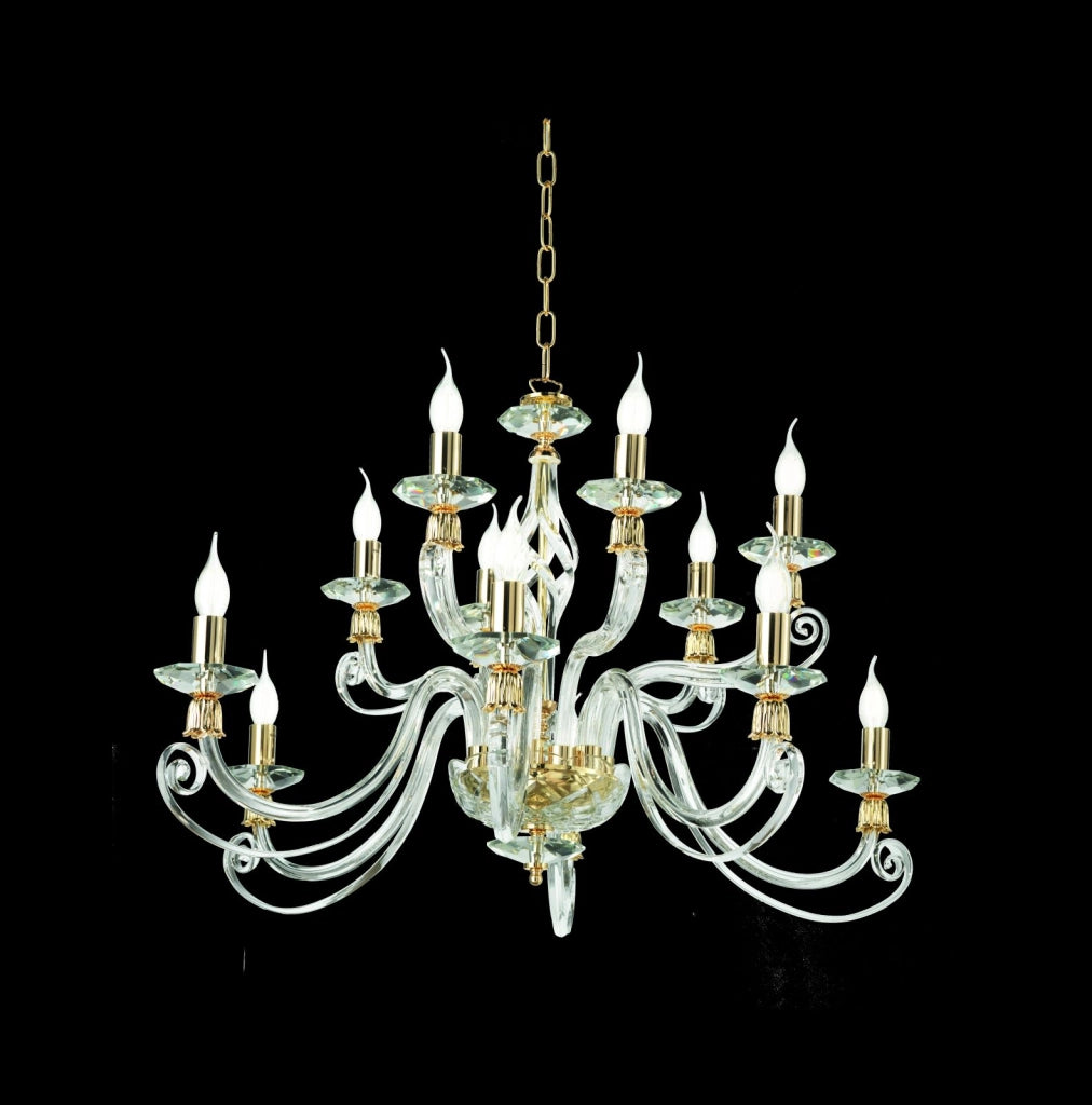 LAMPADARIO 1306 12 LUCI TRASPARENTE E ORO ATTACCO E14 D.100CM