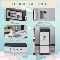 Cucina Giocattolo per Bambini in Legno con 14 Accessori, Forno, Lavandino, Frigo e Microonde, Età 3+ Anni, 86x64x84.5cm, Argento e Marrone