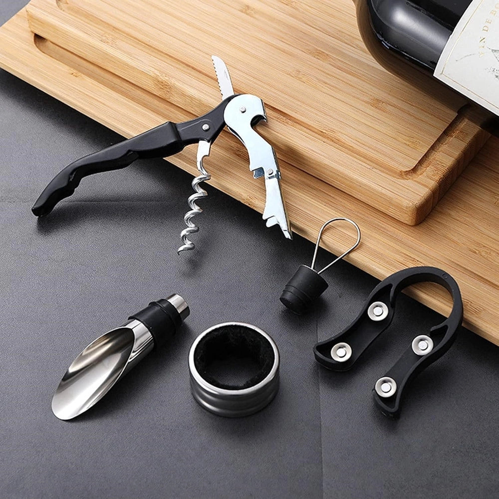 Trade Shop - Set Vino 5in1 Cavatappi Apribottiglie Multifunzione Anello Antigoccia Tappo Versatore -