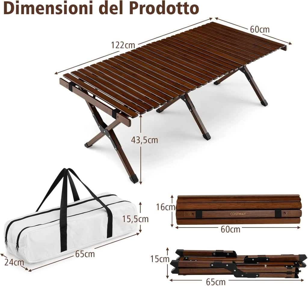 Tavolo da Campeggio Pieghevole di Bambù, Tavolo da Picnic Leggero con Borsa di Trasporto, Tavolo da Esterno per Campeggio, Trekking, Pesca e Barbecue, 122 x 60 x 43,5 cm (Marrone)