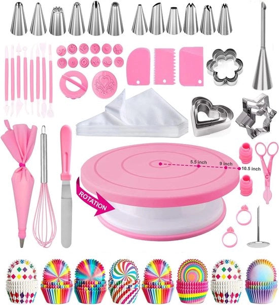 Set di Pastry Professionale - Set di Decorazione di Torta - Tavola di Rotazione per Strumenti - Accessori con Spatola - Spatola - Sacchetto per Torta e Punzoni per Piping