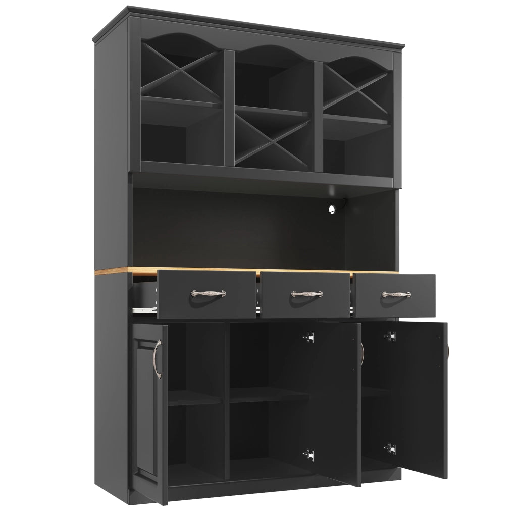 OKWISH Credenza da Cucina Alta con 3 Ante e 3 Cassetti, Ripiani Regolabili, LED, per Cucina, MDF, Nero, 120×40×180 cm