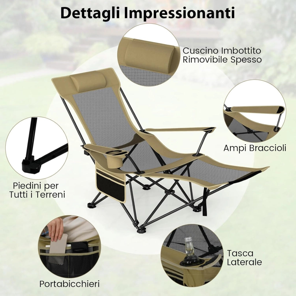 Sedia da Campeggio con Poggiapiedi Rimovibile, Sedia Pieghevole con Schinale Reclinabile, Braccioli e Portabicchieri, Portata 150 kg, Sdraio in Testtuto Oxford per Giardino e Spiaggia (Verde)