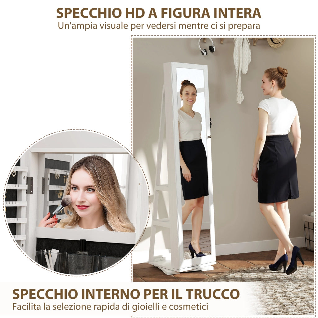 Specchio Portagioie Girevole ¨C Minimal ¨C Legno Bianco Vetro 38x38x160 cm