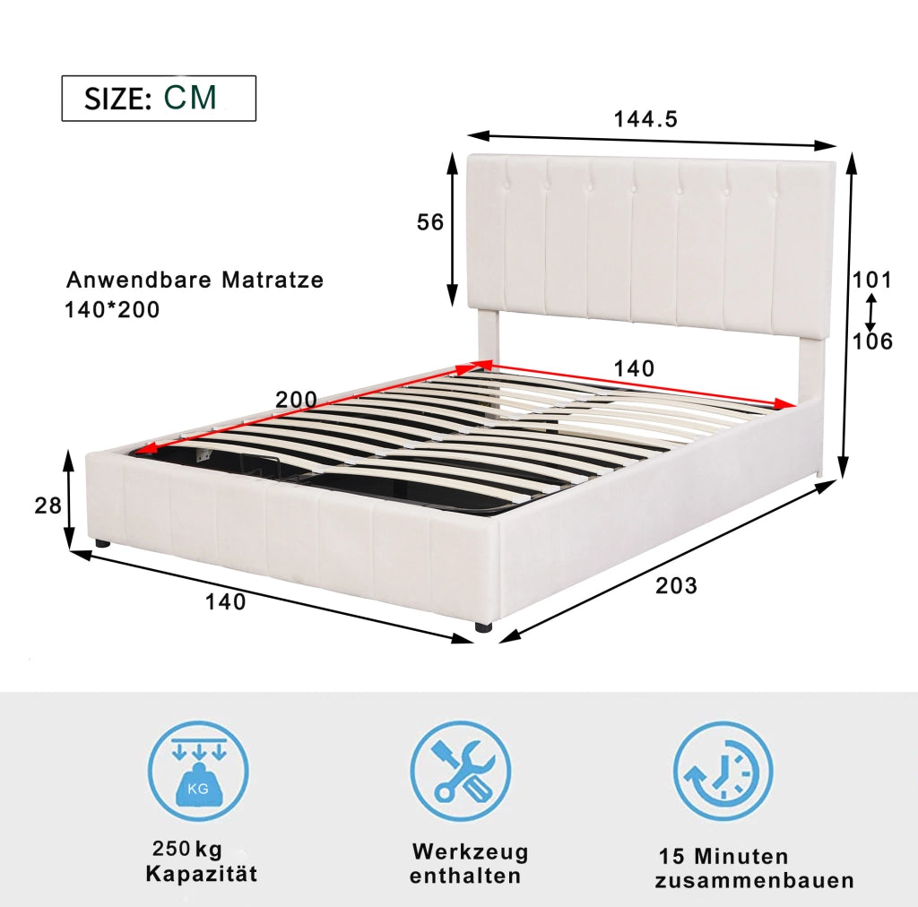 Letto imbottito 140x200 cm; contenitore idraulico; velluto; bianco crema (Senza materasso)