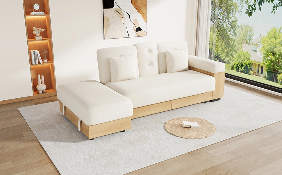 Divano Letto con Contenitore 3 Posti in Ciniglia Beige 217 cm