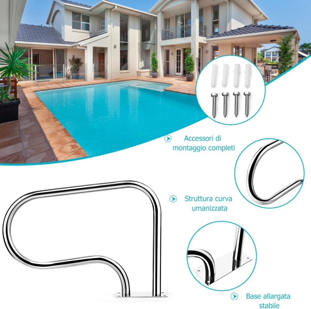 Corrimano per Piscina in Acciaio Inox, Corrimano Curvo, con Piastra di Base, Ideale per Spa, Stadio e Parco Acquatico, Argento