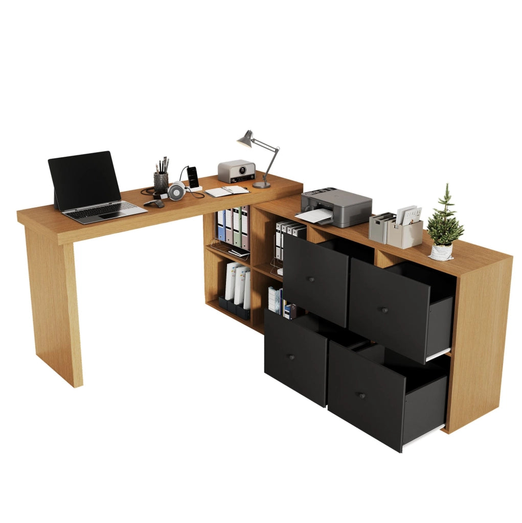 Scrivania angolare girevole 360° in MDF; con 8 scomparti; nero e rovere
