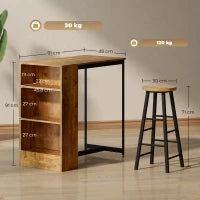 Set da Pranzo con Bancone Bar con 3 Ripiani e 2 Sgabelli Alti con Poggiapiedi Stile Industriale, Marrone