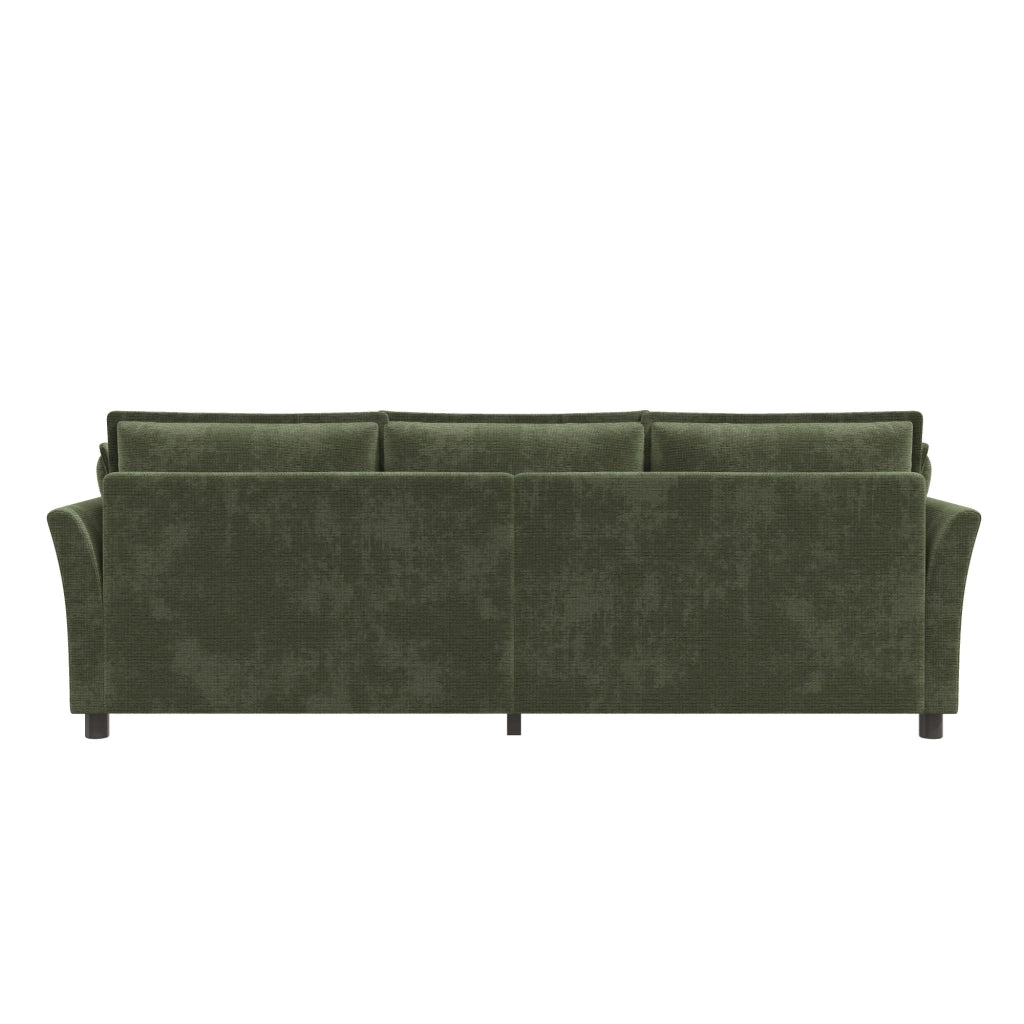 Divano 3 posti in chenille con cuscini per braccioli e struttura in metallo verde per soggiorno 220 × 81 × 87 cm