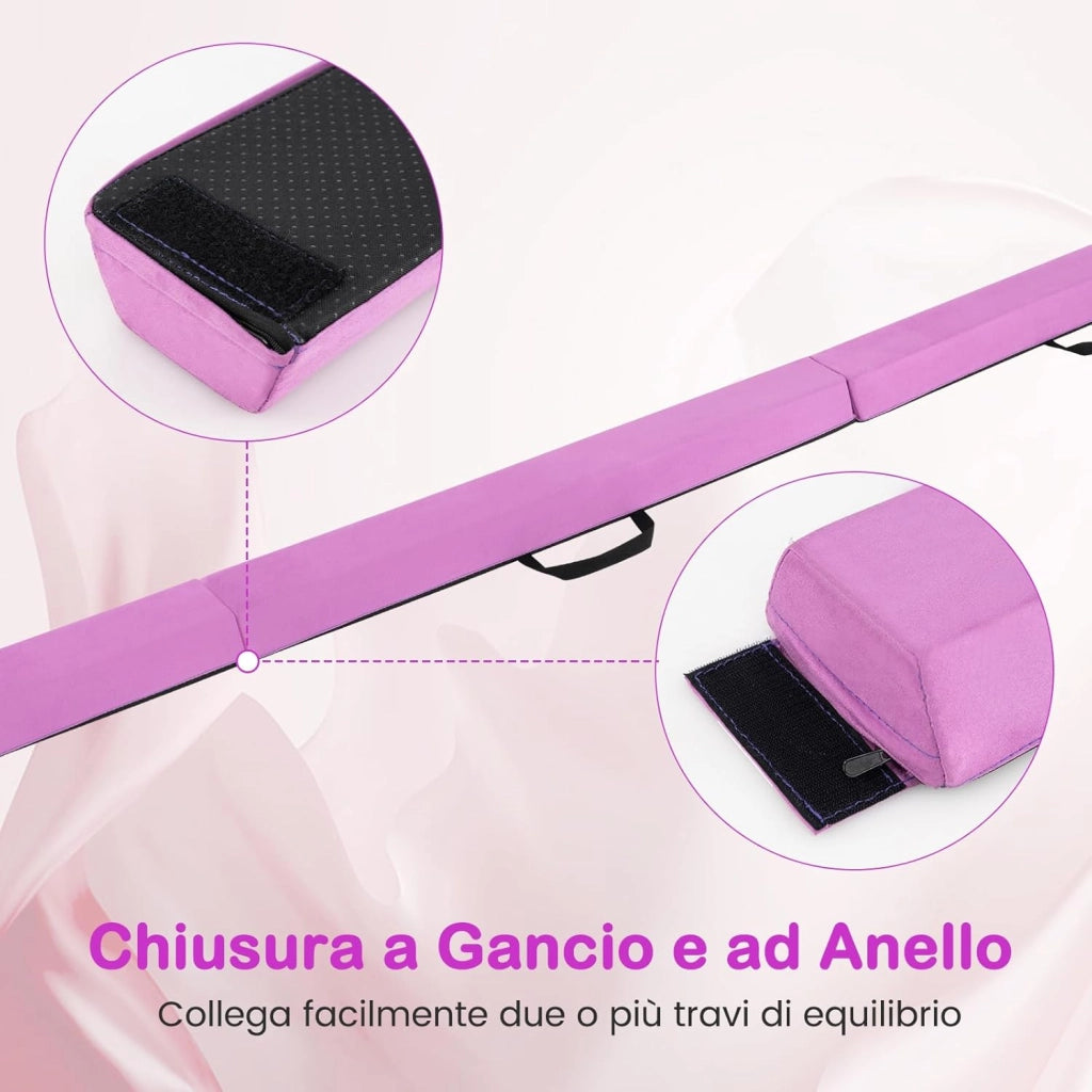 Trave Ginnastica per Bambini per Casa 210 cm, Trave di Equilibrio Pieghevole e Portatile con Manici, Copertura in Suede Rimovibile e Fondo Antiscivolo