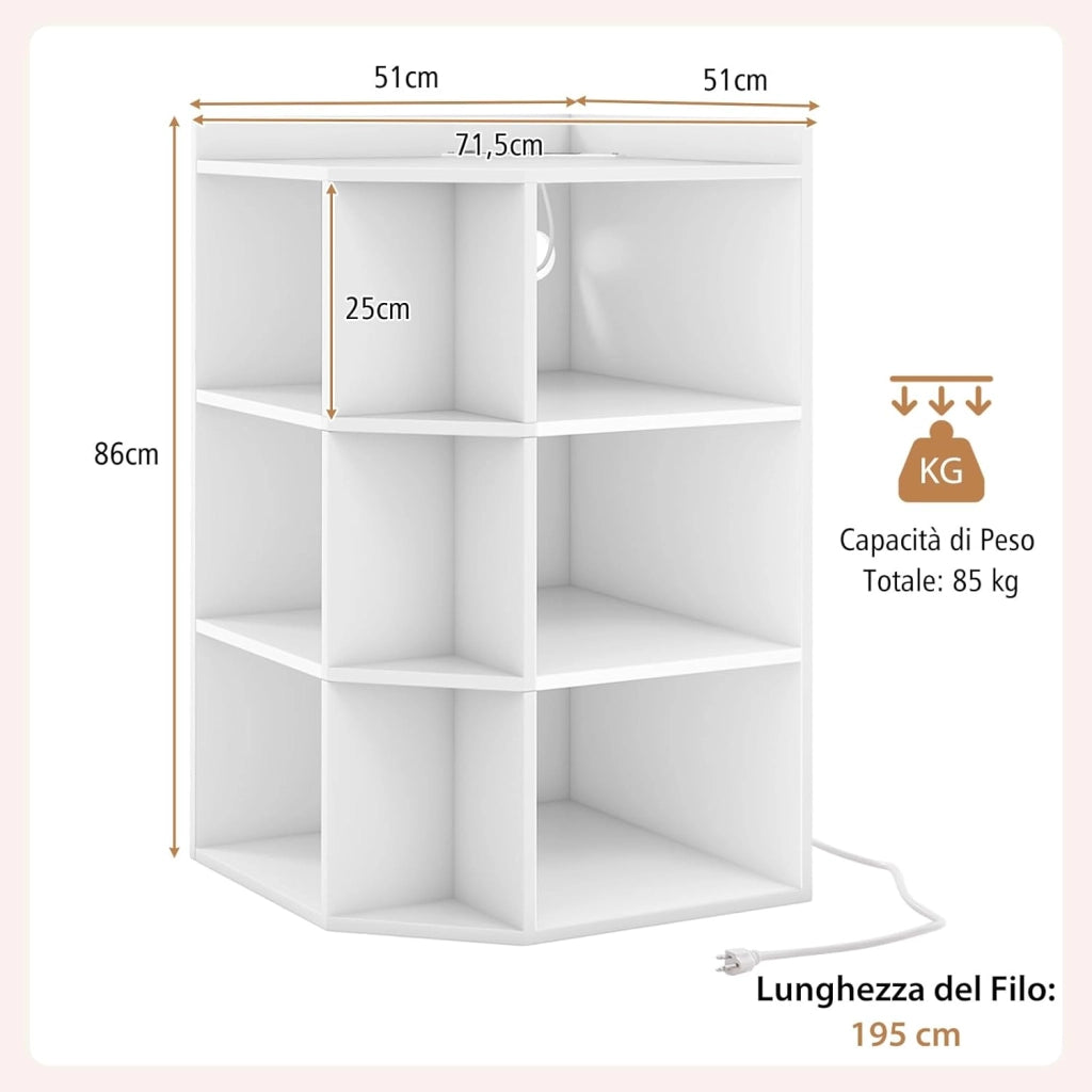 Mobile ad Angolo a 3 Livelli in Legno, Libreria Angolare Aperta con Stazione di Ricarica 9 Cubi 2 Porte USB e 4 Prese, Adatto per Spazi Ridotti, 51x71,5x86 cm (Bianco)