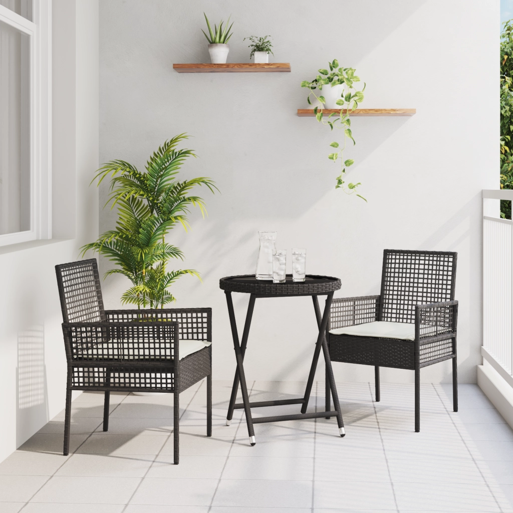 Set Bistro da Giardino 3 Pezzi con Cuscini Rattan Nero