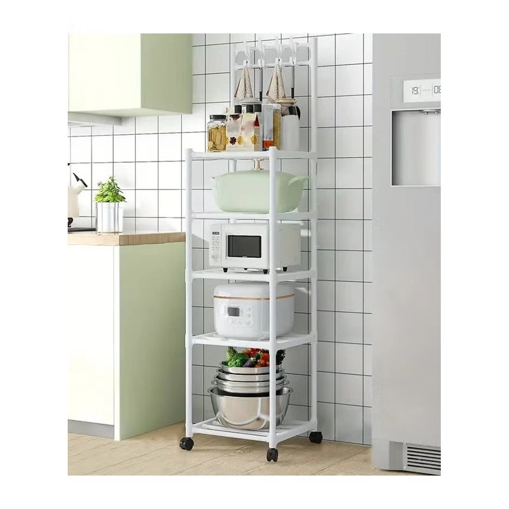 Trade Shop - Carrello Scaffale Portaoggetti Multiuso Da Cucina Bagno 5 Ripiani Con Ruote Ganci Bianco -