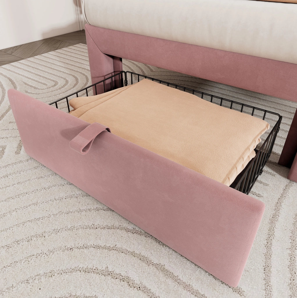 Letto singolo 90x190 cm in velluto rosa con testiera regolabile; LED RGB e cassetto