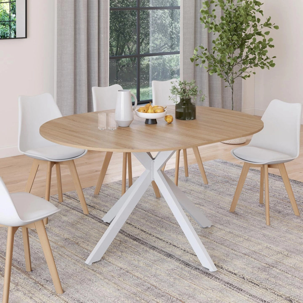 ALIX Tavolo da pranzo rotondo allungabile per 4-8 persone con gamba in legno e ragno bianco 110-150 cm