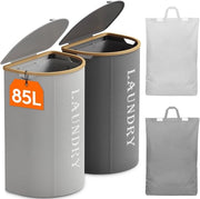 170L Grande Vasca da Lava con Coperchio, 2-pack, con 2 Compartimenti e 2 Sacchi da Lava Rimovibili, Vasche da Lava Opiegate per Camera da Lavoro, Camera da Letto, Grigio e Argento Grigio