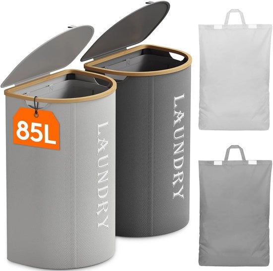 170L Grande Vasca da Lava con Coperchio, 2-pack, con 2 Compartimenti e 2 Sacchi da Lava Rimovibili, Vasche da Lava Opiegate per Camera da Lavoro, Camera da Letto, Grigio e Argento Grigio