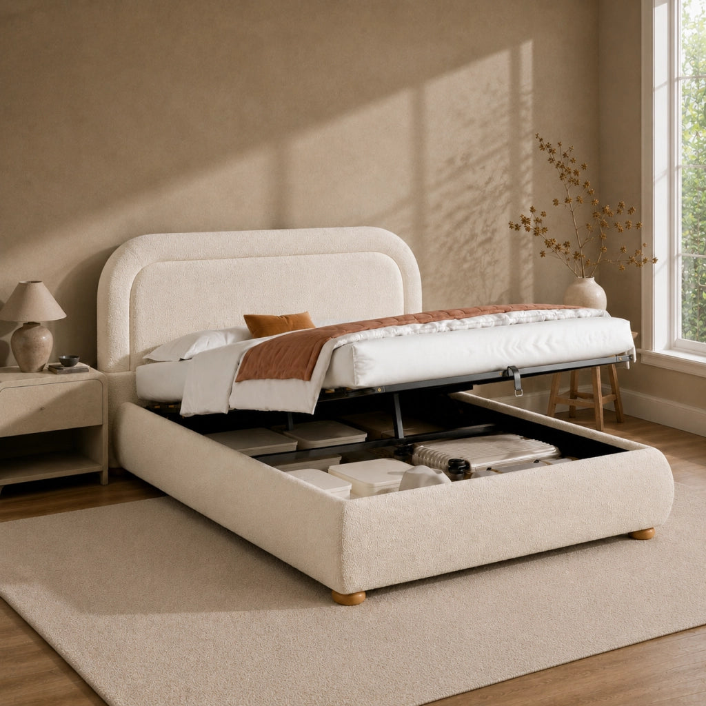 LETTO Contenitore 140x190 cm Bouclé Beige con sommier a doghe