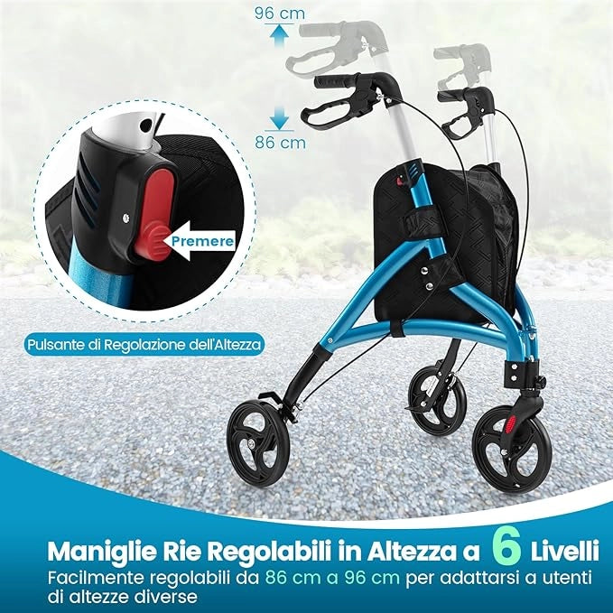 Deambulatore per Anziani in Alluminio Ultraleggero a 3 Ruote, Rollator per Anziani Pieghevole e Regolabile in 6 Livelli 86-96 cm con Borsa e Ruote Bloccabili, Portata 136 kg (Blu)
