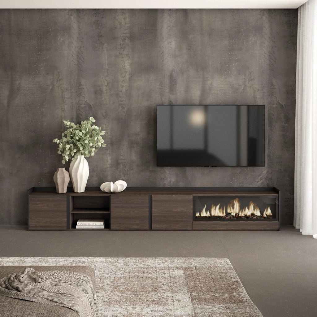 Mobile TV Soggiorno, 315x50x35 cm, Per TV fino a 80", Camino elettrico XXL, Rovere scuro e Nero