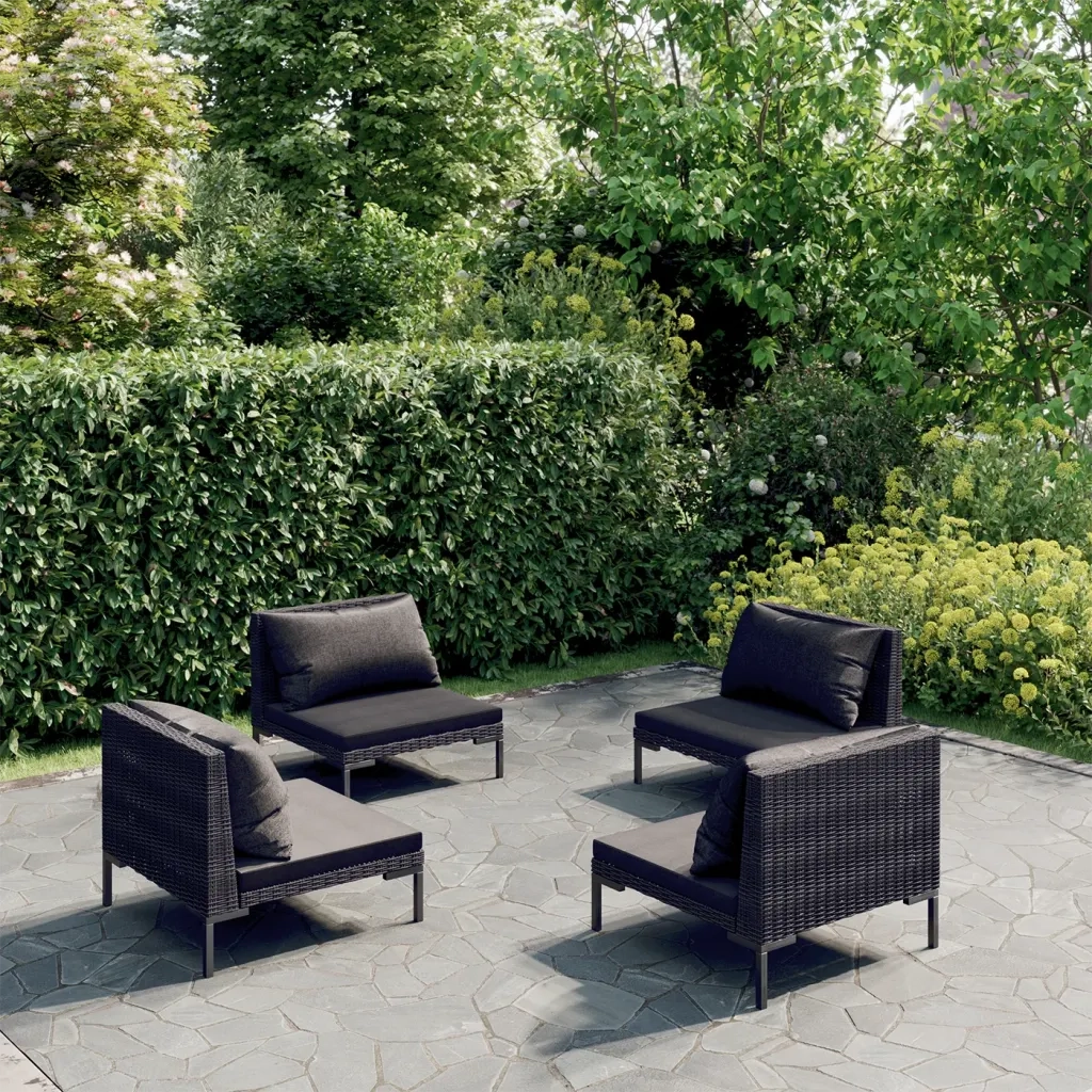 Set Divani da Giardino 4 pz con Cuscini Polyrattan Grigio Scuro 3099803
