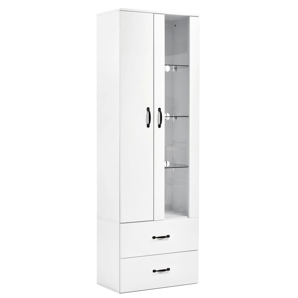 Vetrina LED bianca con 2 ante e 2 cassetti, mobile espositore da terra in truciolare 59,5x35x182 cm