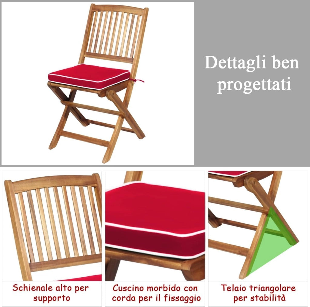 Set Tavolo e Sedie da Giardino, Set Mobili da Giardino Pieghevoli 3 Pezzi in Legno di Acacia, con Cuscini, Arredo Giardino per Giardino Terrazzo Balcone (Cuscini Rossi)