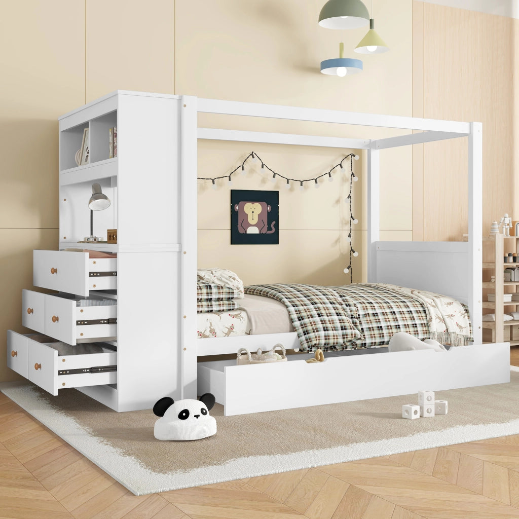 Letto singolo bianco con funzione contenitore in legno massello e mdf 90x200 cm