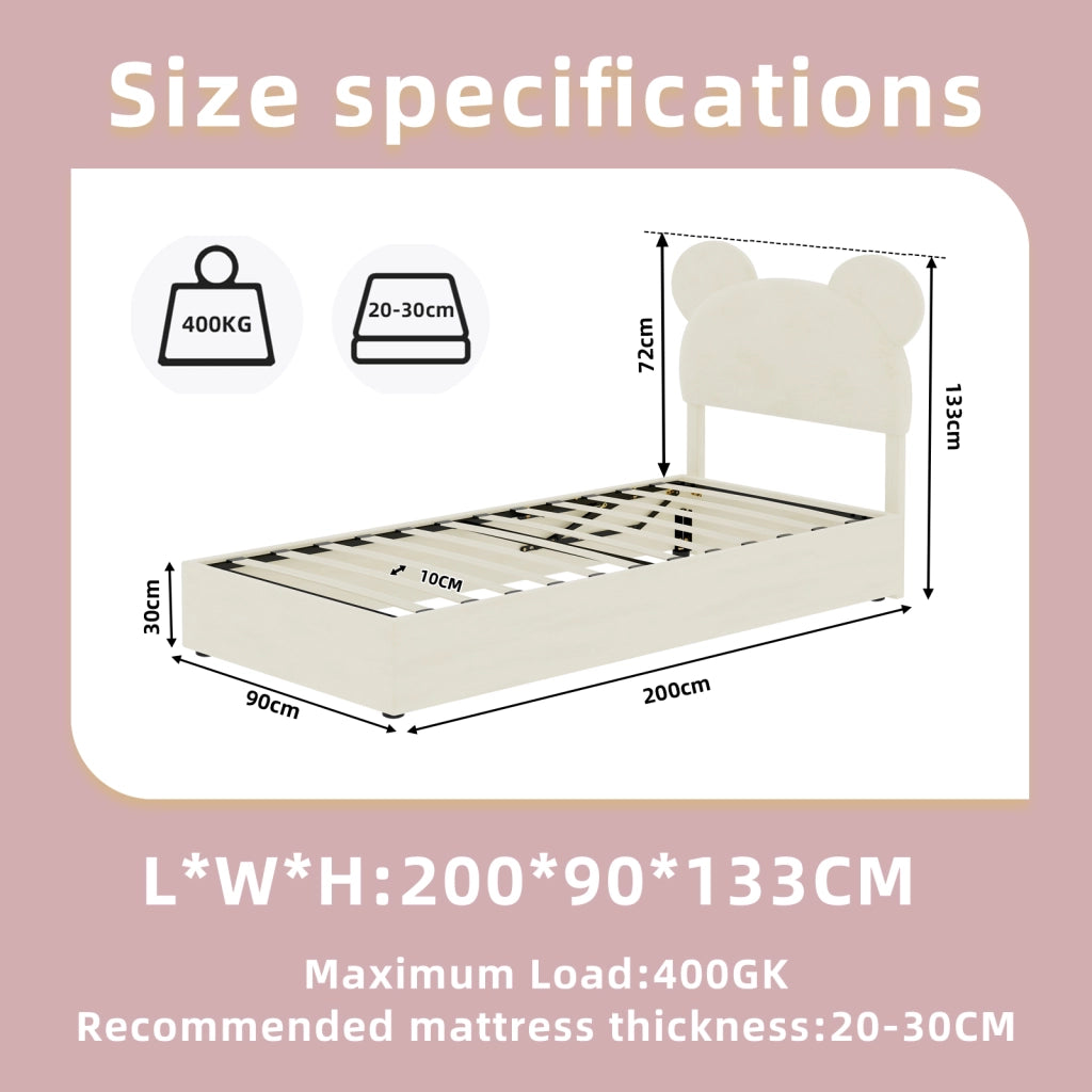 DESMIU Letto per bambini 90 × 200 cm 1 posto con vano contenitore, testiera, senza materasso, beige