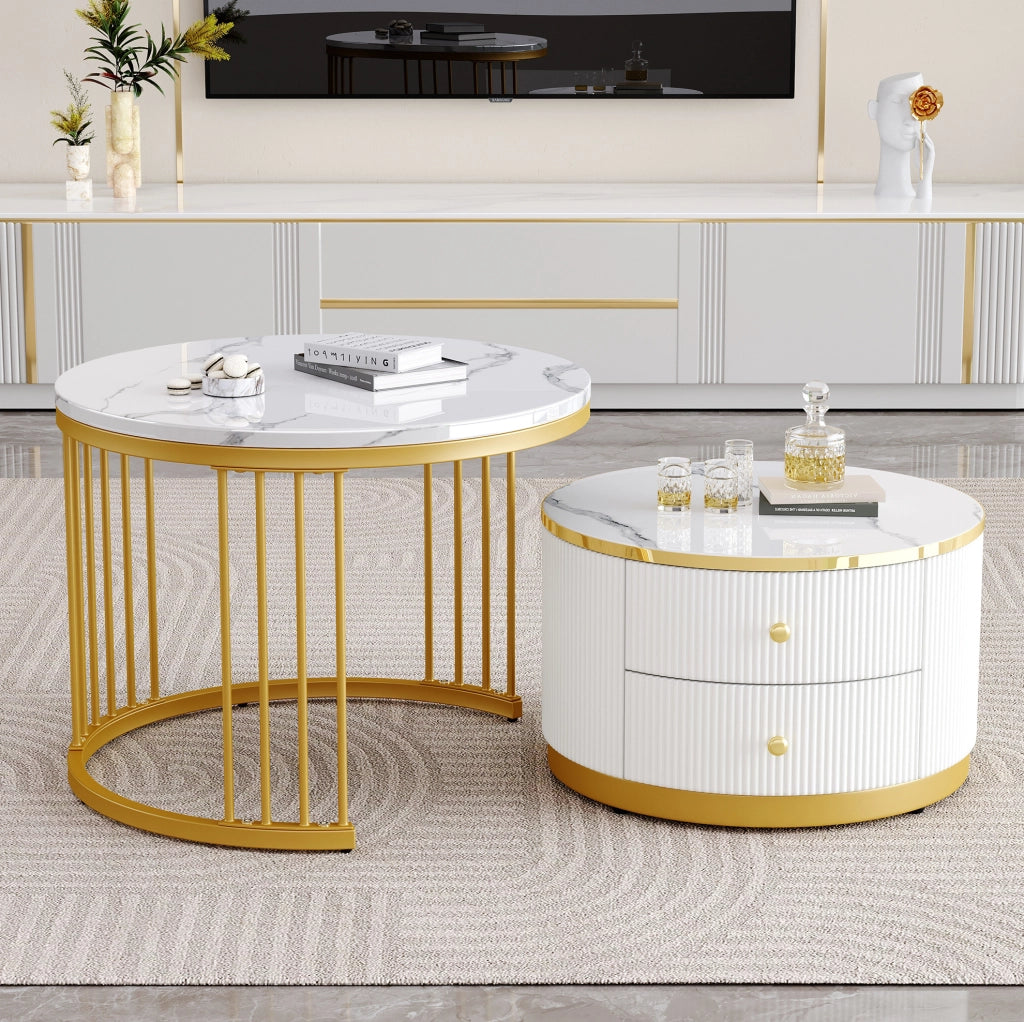 Set di tavolini da caffè a incastro 60x60x45，5 e 50x50x32 cm MDF bianco 2 cassetti
