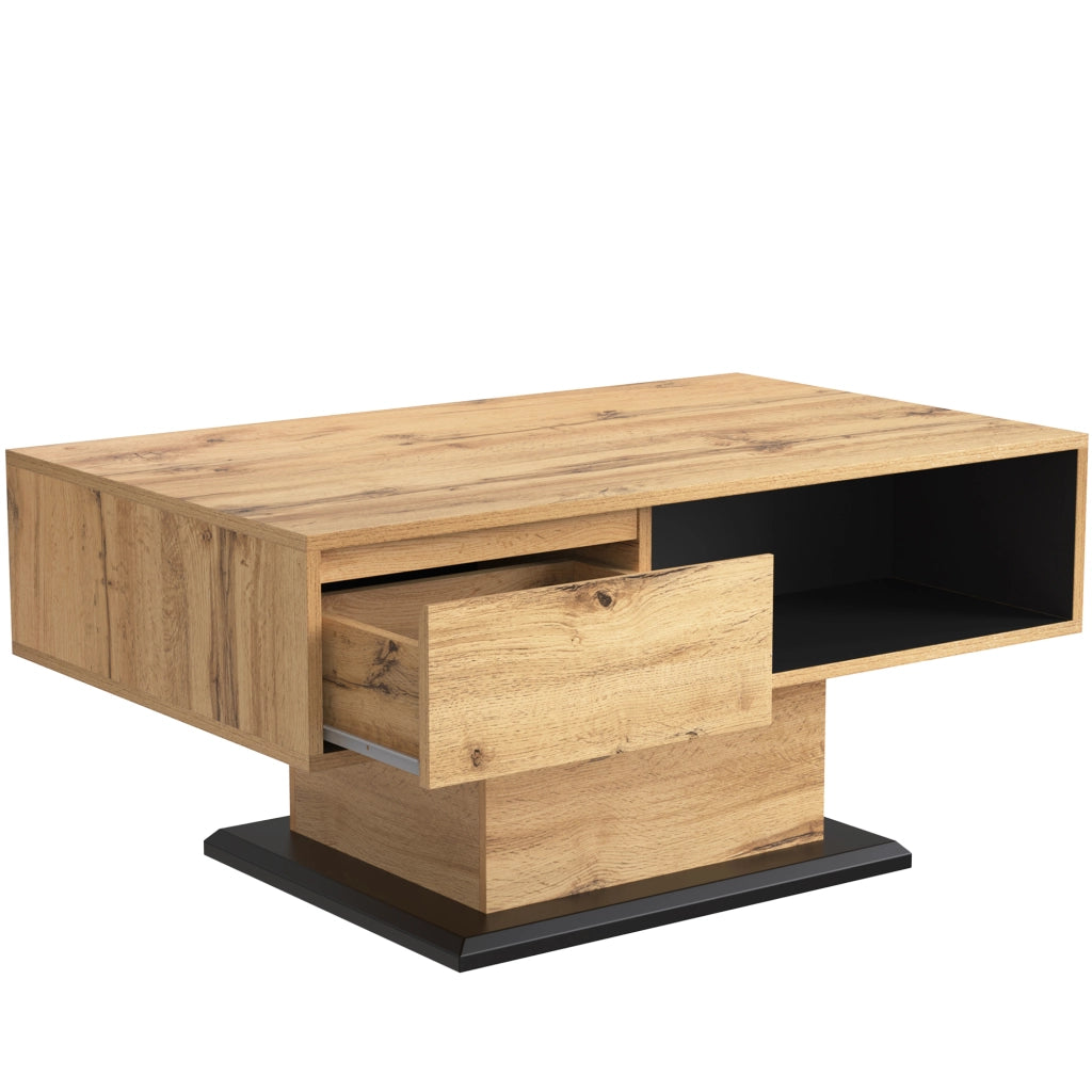 Tavolino da salotto 100x47x60 cm; doppio vano contenitore e cassetto; truciolare effetto rovere; naturale