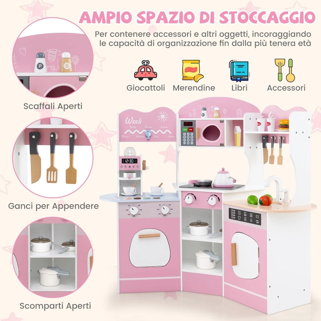 Cucina Giocattolo Angolare con Fornelli e Micronde da Suoni e Luci, Cucina per Bambini in Legno con Macchina Caffè, Lavandelo, Forno e Lavatrice, Set Cucina con Accessori (Rosa)