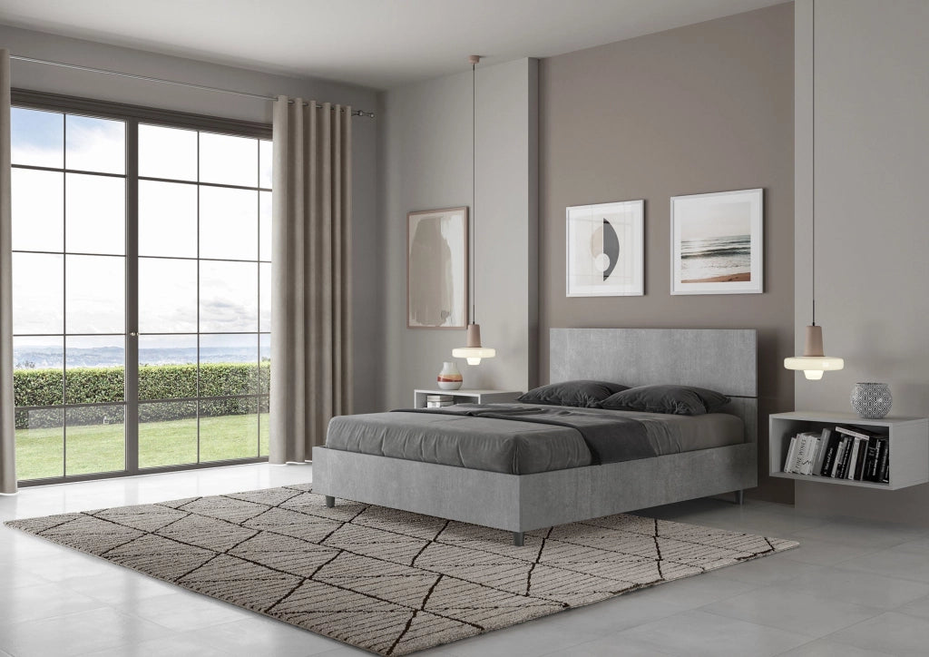 Letto Matrimoniale Francese 140x190 cm con Rete e Contenitore Demas Testata Dritta Cemento