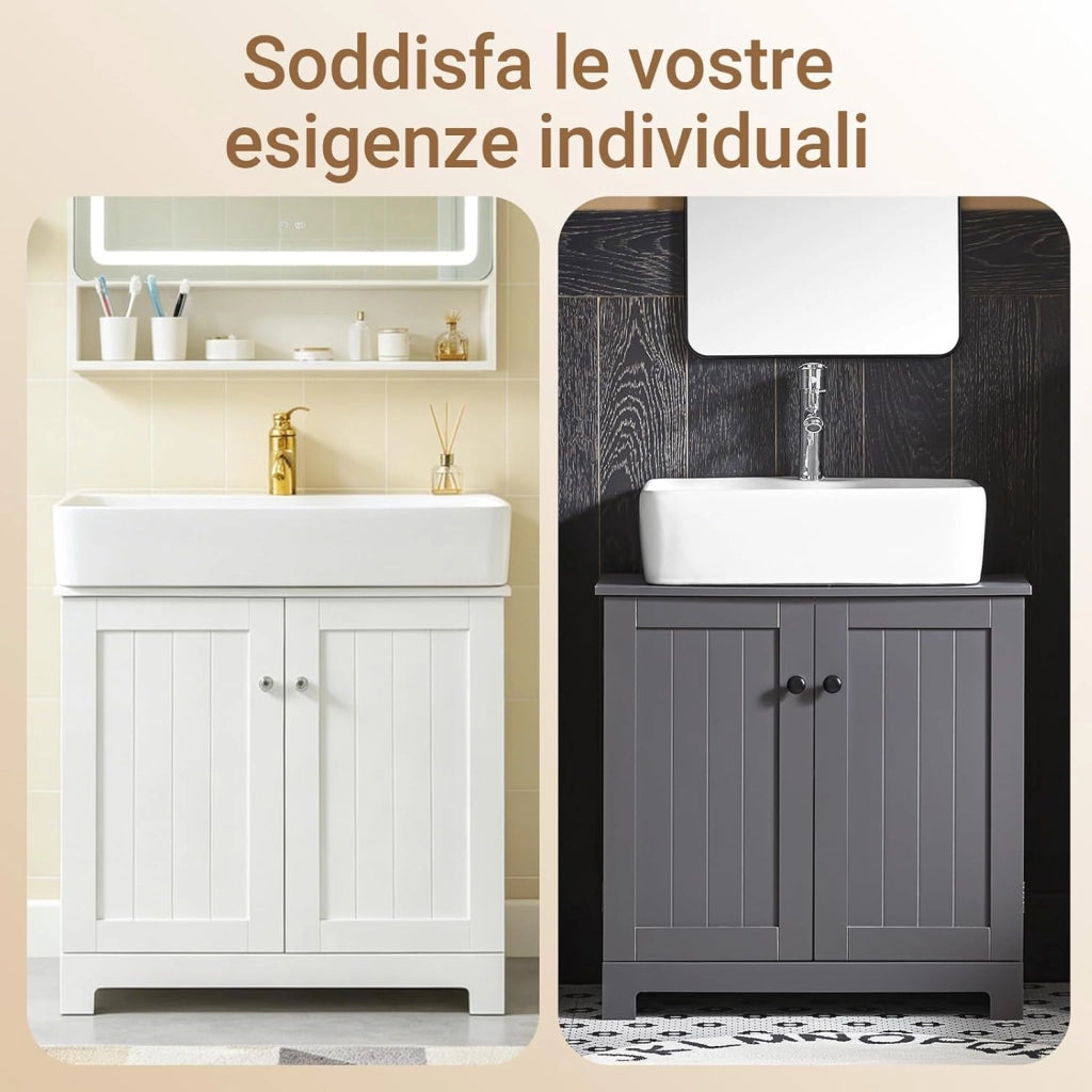 Mobile Bagno Sottolavabo – Mobiletto Bagno Salvaspazio con Ante e Ripiano Regolabile – Mobile sotto Lavabo da Bagno in MDF, Bianco, 60x60x29cm, BZR18-W