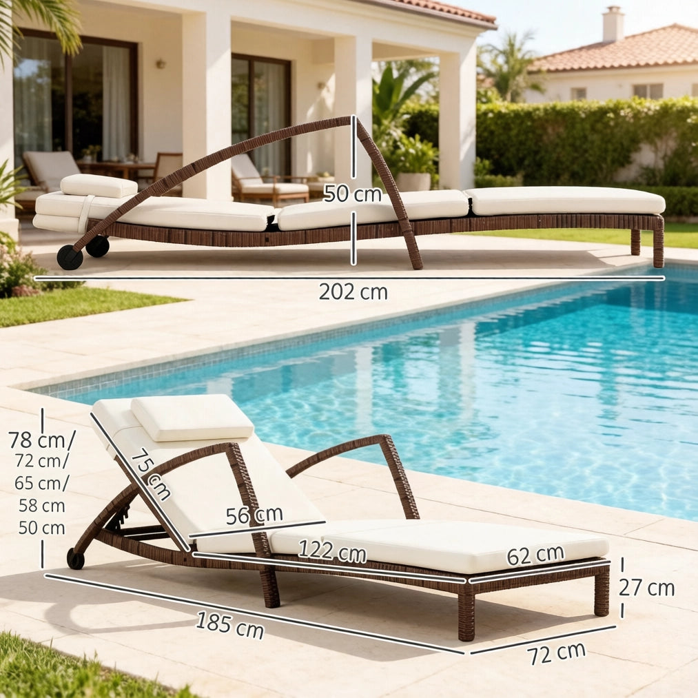 Chaise longue da giardino con ruote e schienale reclinabile a 5 posizioni; beige e marrone