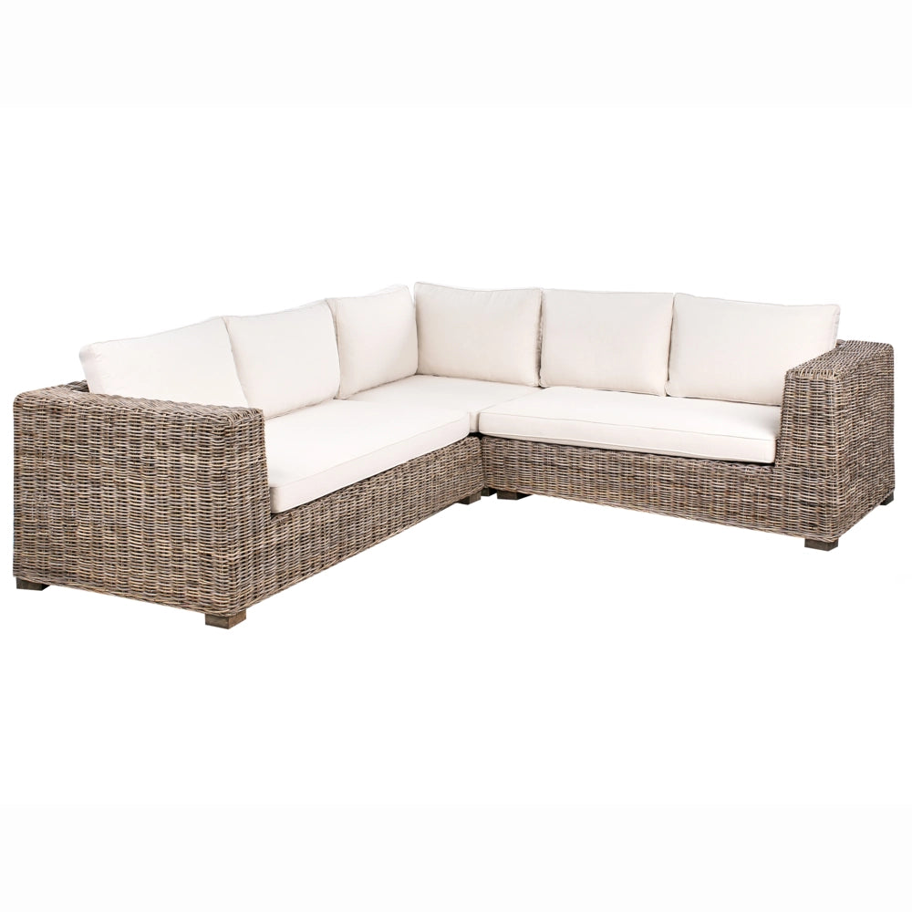 Set di divani da giardino in rattan naturale grigio a 5 posti con tavolino per ottomano e cuscini