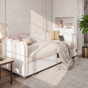 Daybed in bouclé con contenitore idraulico e USB, 90x200 cm, beige
