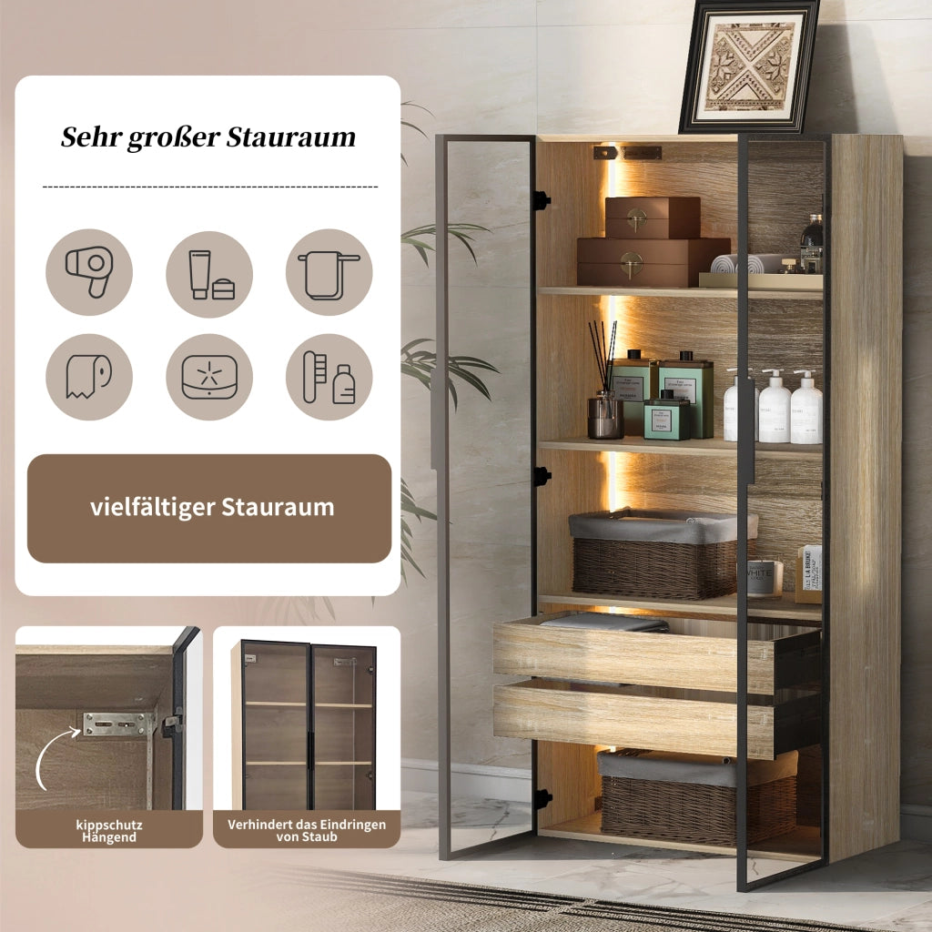 Armadietto da bagno con LED, 2 cassetti, 2 ante in vetro satinato e vani aperti, per bagno, in MDF naturale, 73 cm