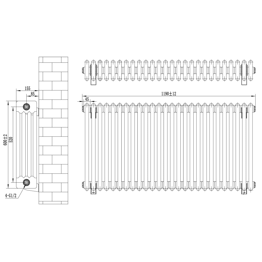 Radiatore Tradizionale 4 Colonne Orizzontale Riscaldamento Nero 600x1190 mm