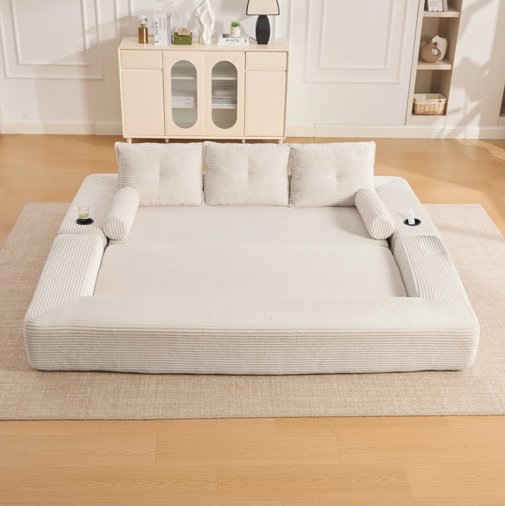 Divano letto 3 posti beige, pieghevole con tasche e portabicchiere, tessuto a coste